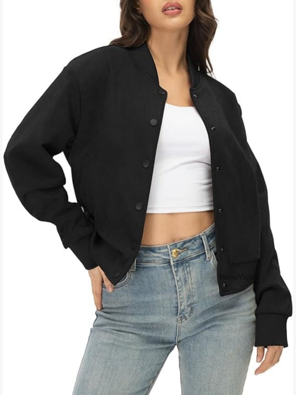 Faux Suede Cropped Bomber Jacket Button Down Casual Varsity Coat